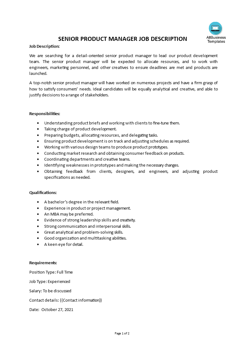 Senior Product Manager Job Description main image