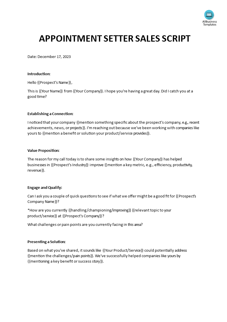 appointment setter sales script template