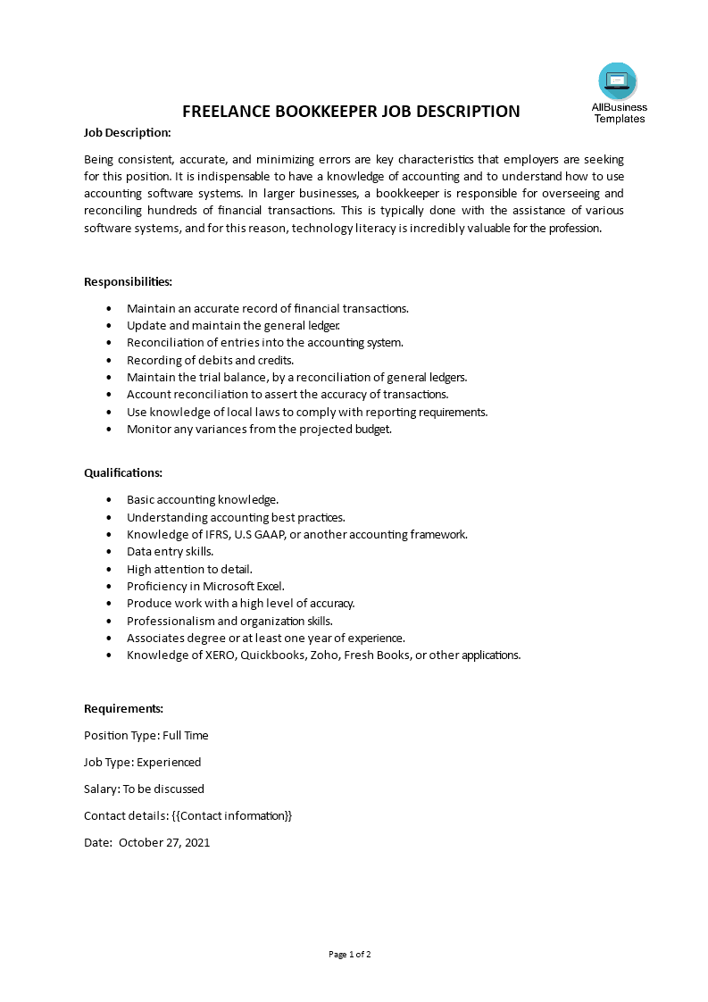 freelance bookkeeper job description voorbeeld afbeelding 