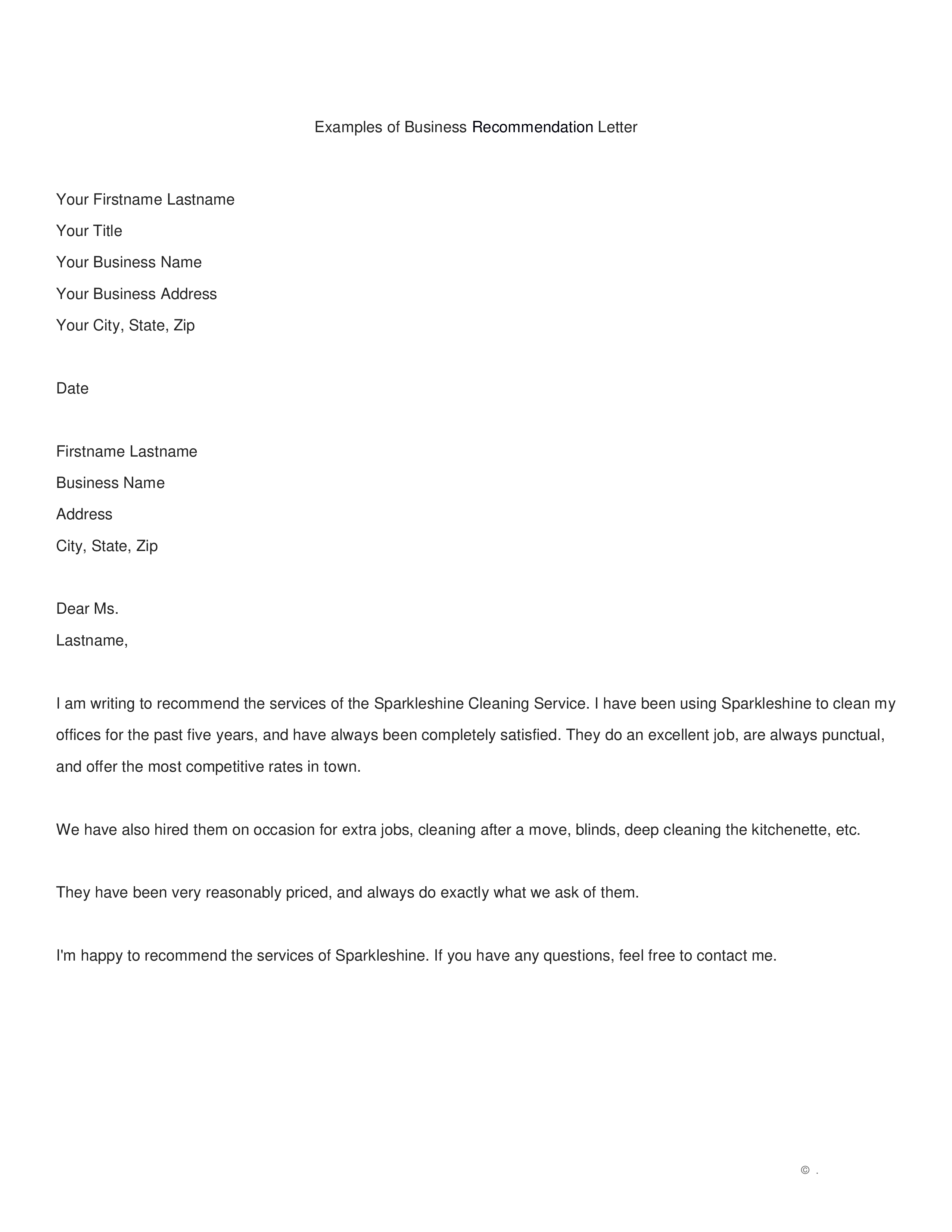 recommendation business letter template