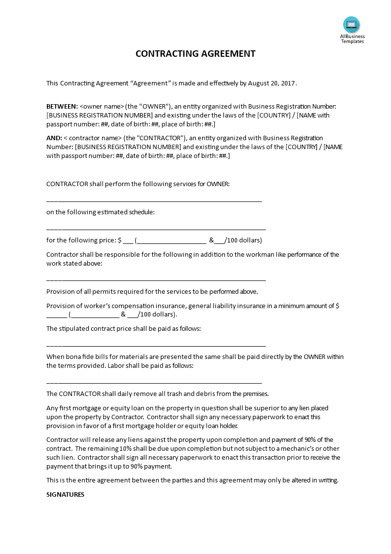 contracting agreement voorbeeld afbeelding 