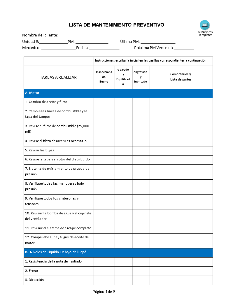 lista de mantenimiento preventivo Hauptschablonenbild