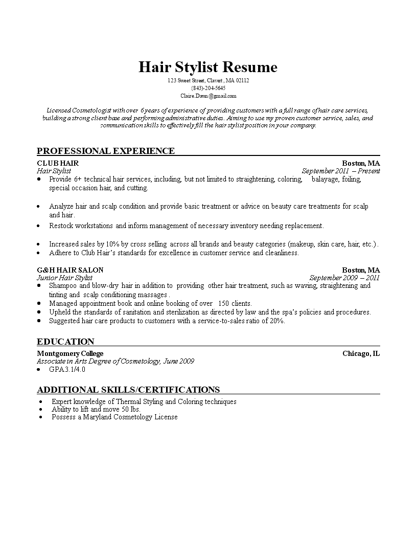 hair stylist resume sample voorbeeld afbeelding 