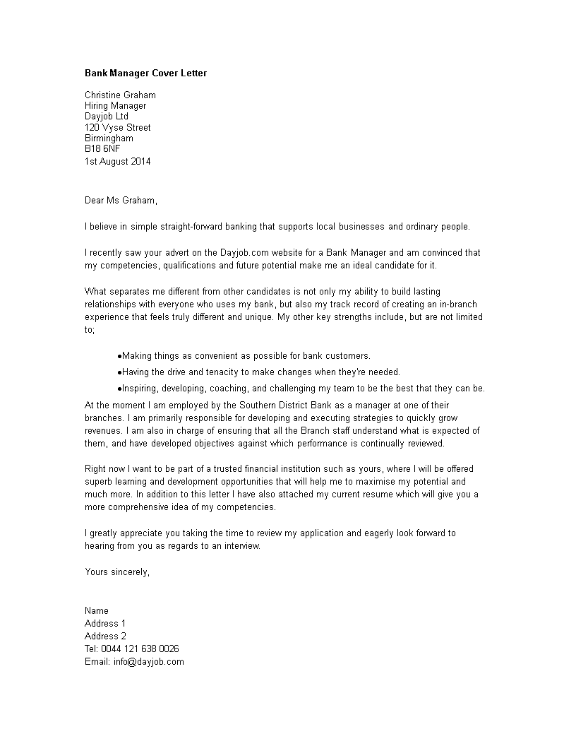 Bank Manager Cover Letter | Templates at allbusinesstemplates.com