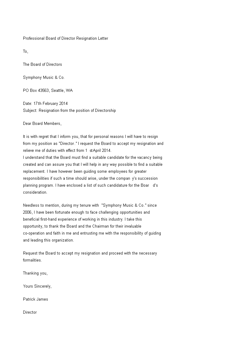 professional board of director resignation letter Hauptschablonenbild