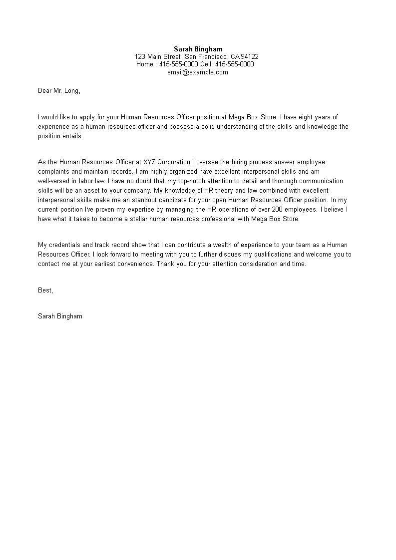 hr professional application letter template