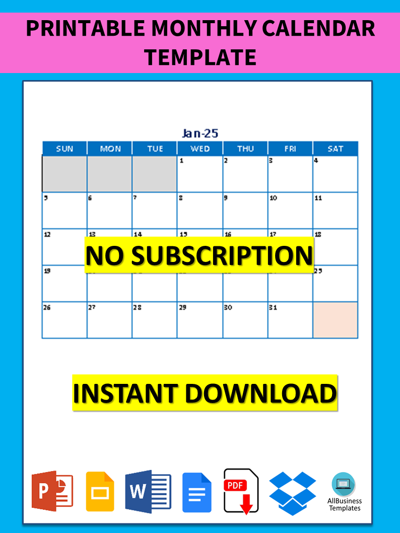 printable calendar monthly template voorbeeld afbeelding 