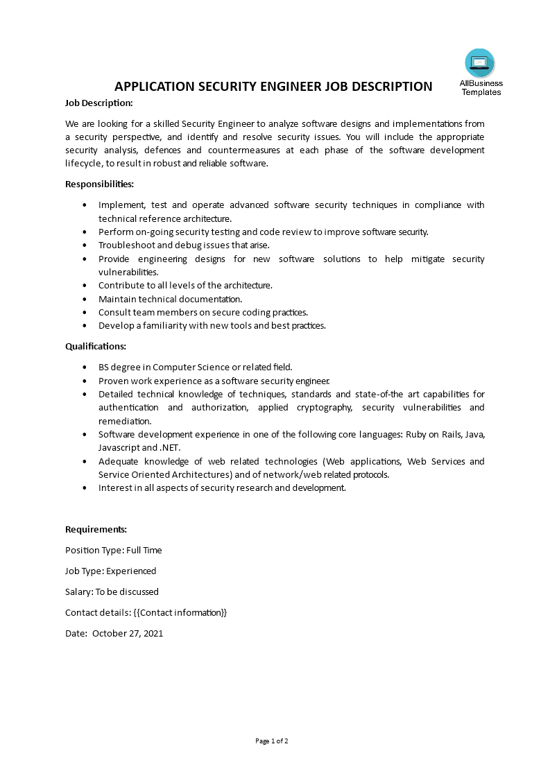 Application Security Engineer Job Description main image