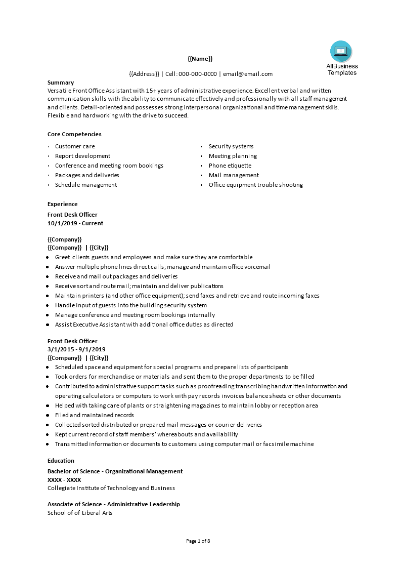 front office administration resume modèles