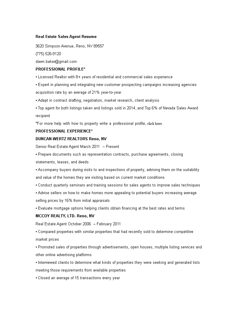 real estate sales agent resume modèles