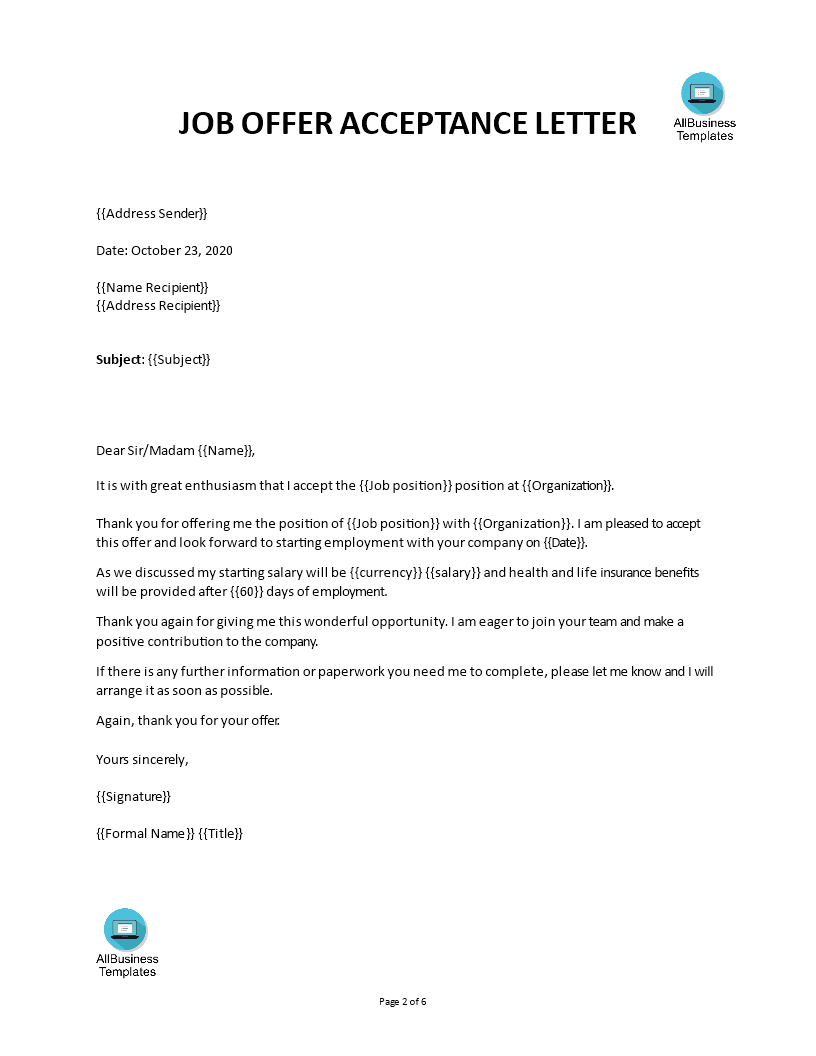 Job Acceptance Letter Template from www.allbusinesstemplates.com