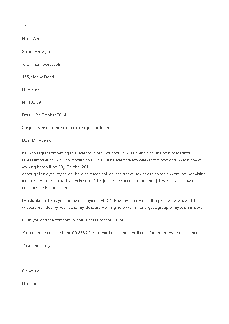 Resignation Letter For Pharma Company Sample Resignation