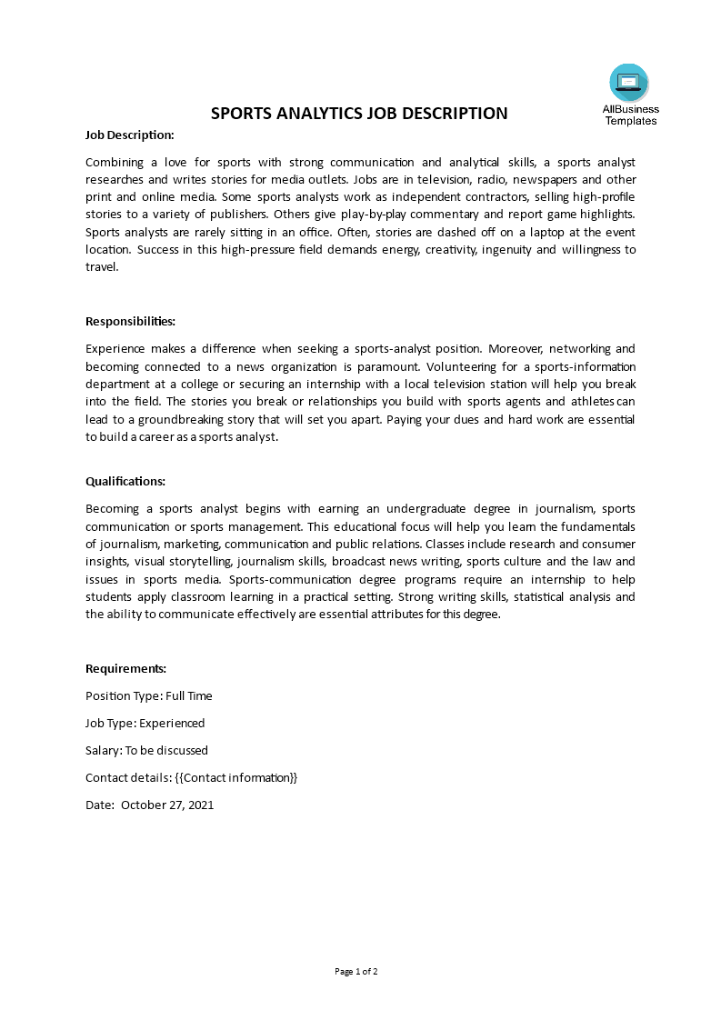 sports analytics job description template