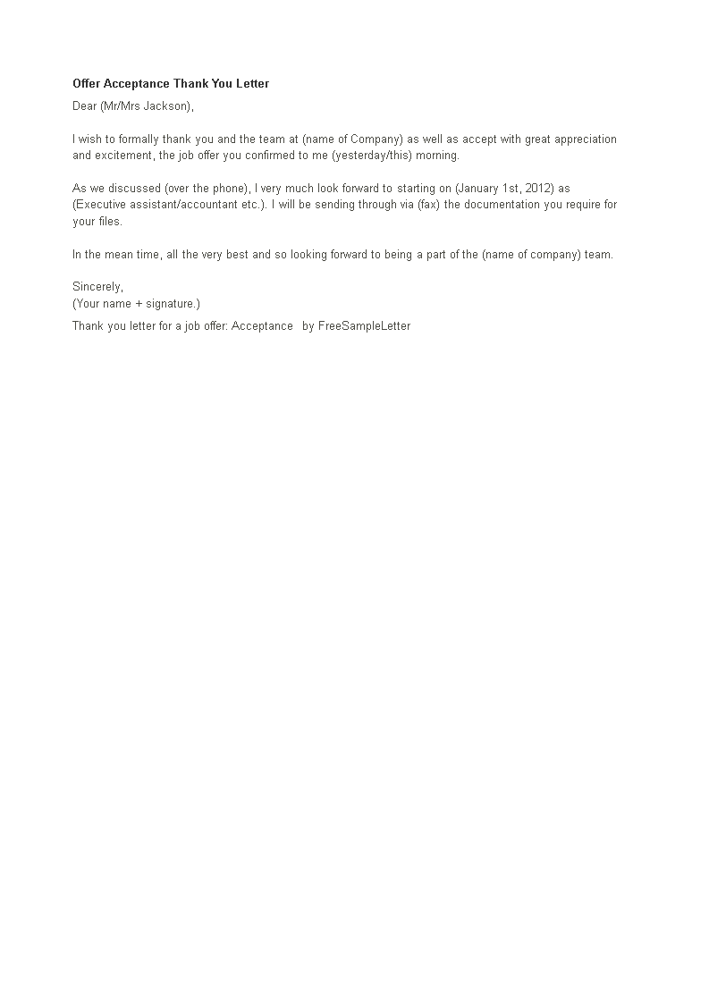 Offer Acceptance Thank You Letter main image