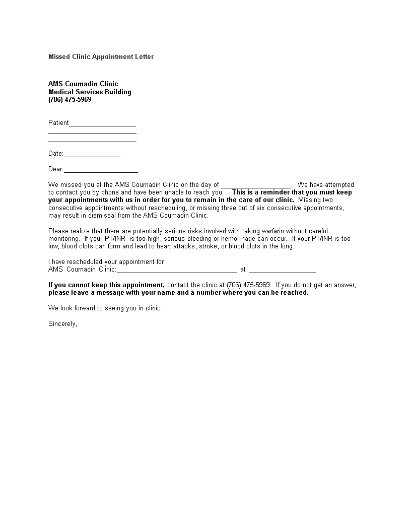 missed clinic appointment letter template