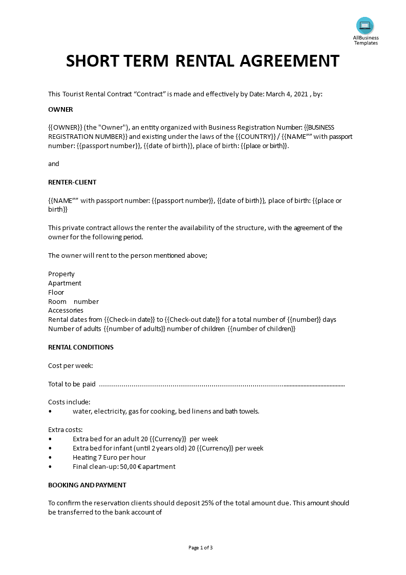 short term rental agreement voorbeeld afbeelding 