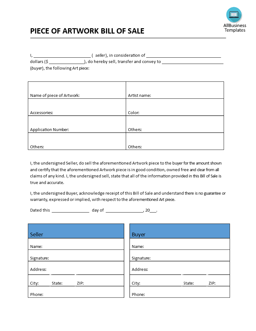 artwork bill of sale template