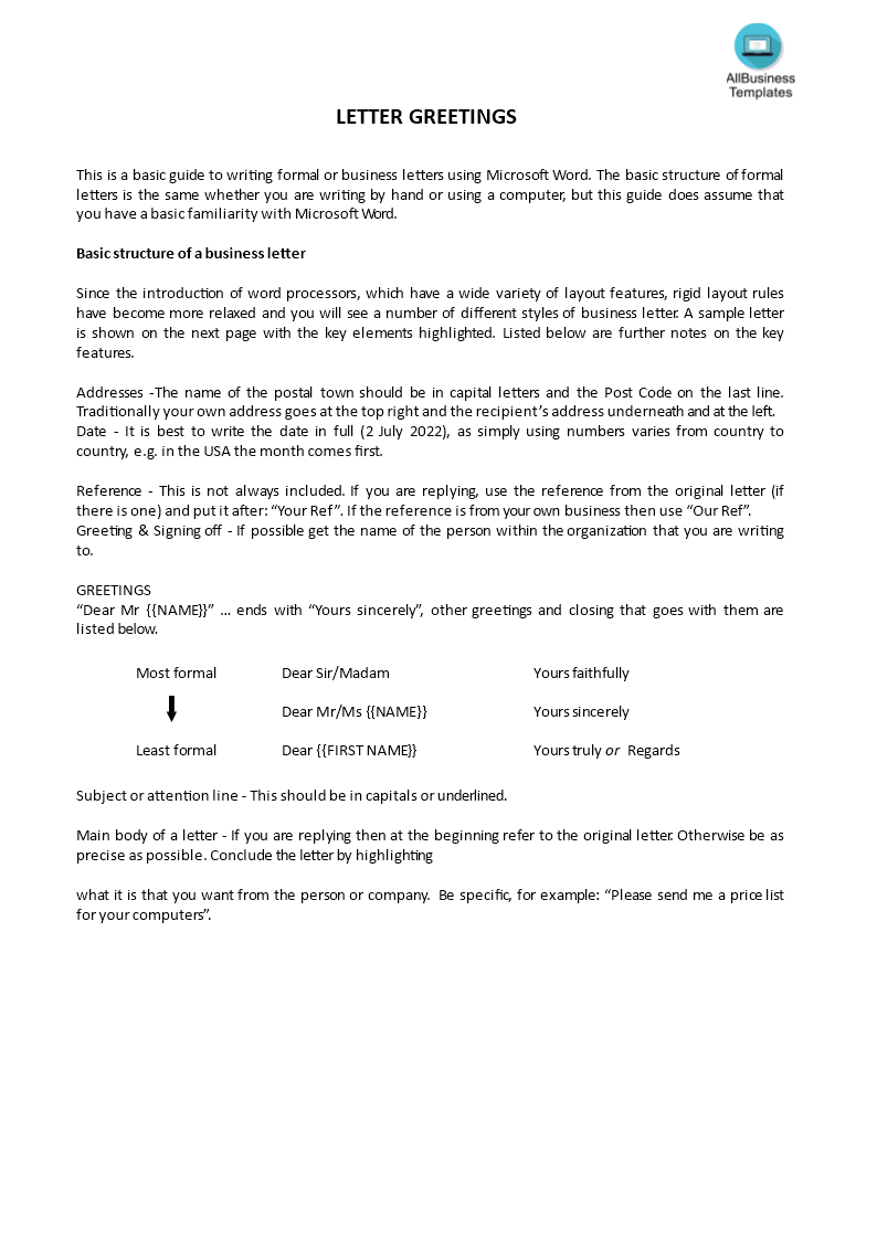 sample formal business letter template