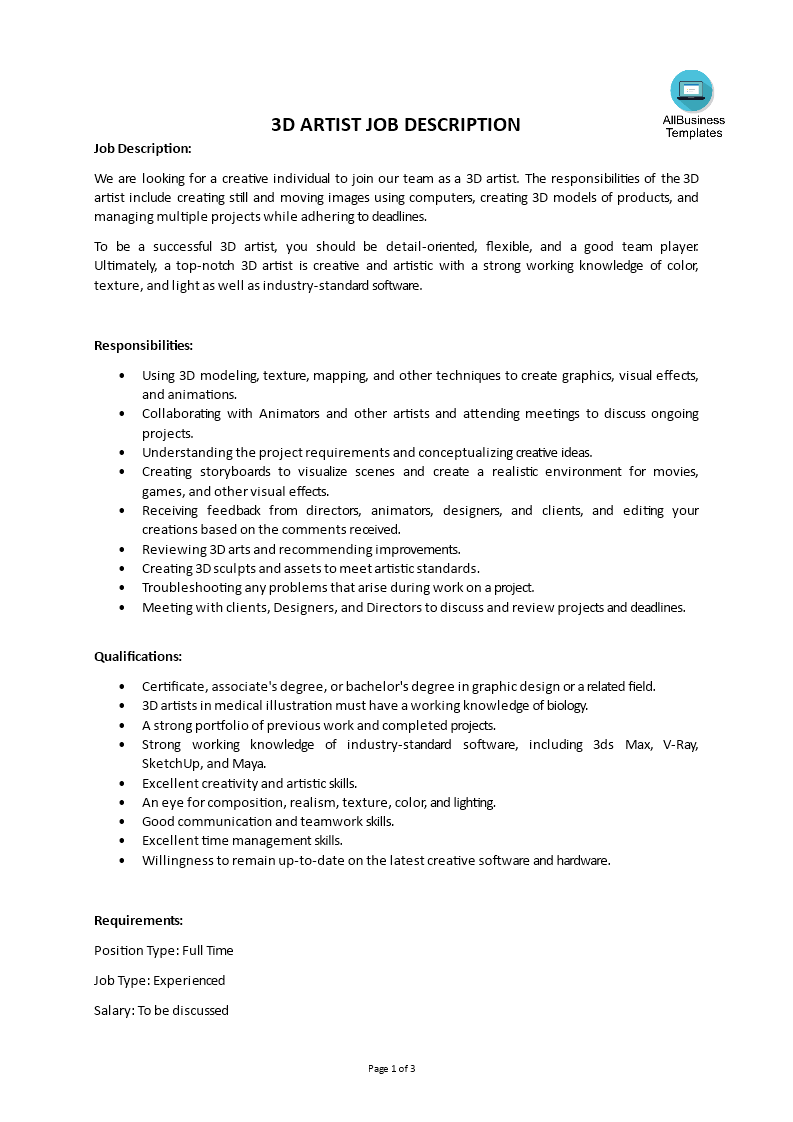 3D Artist Job Description main image