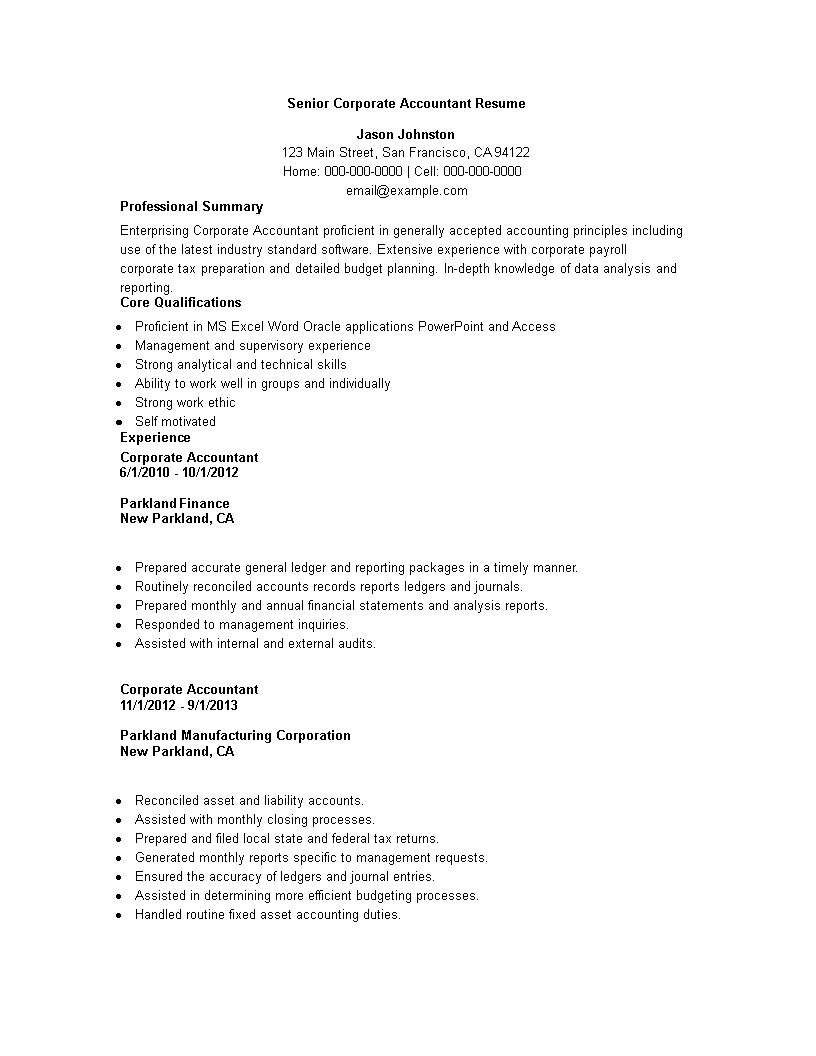 Senior Corporate Accountant Resume main image