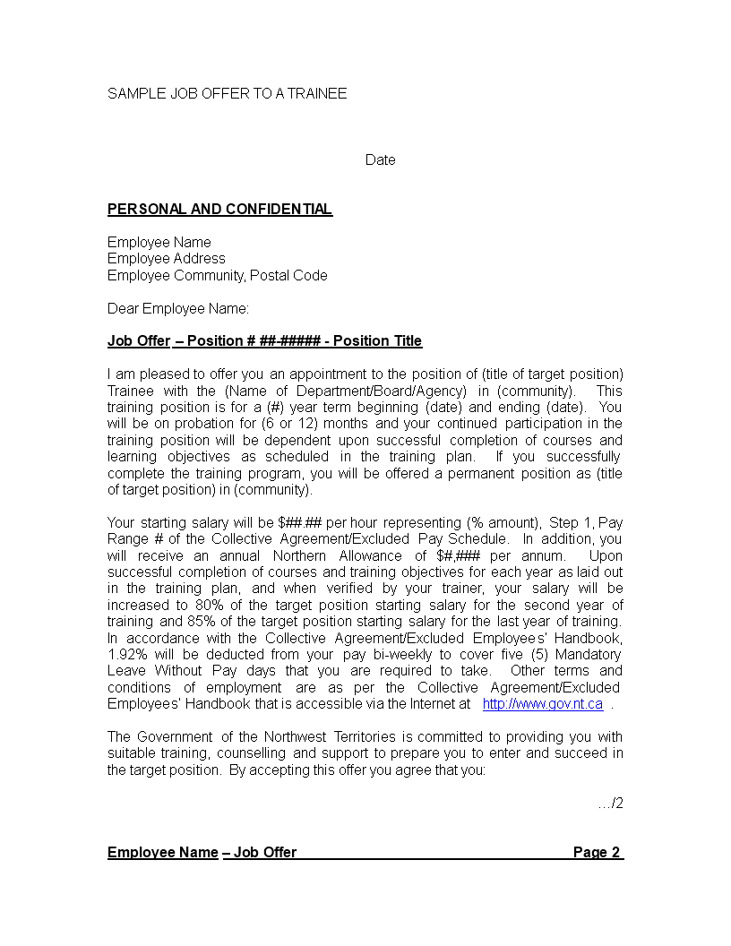 job offer letter to trainee in modèles