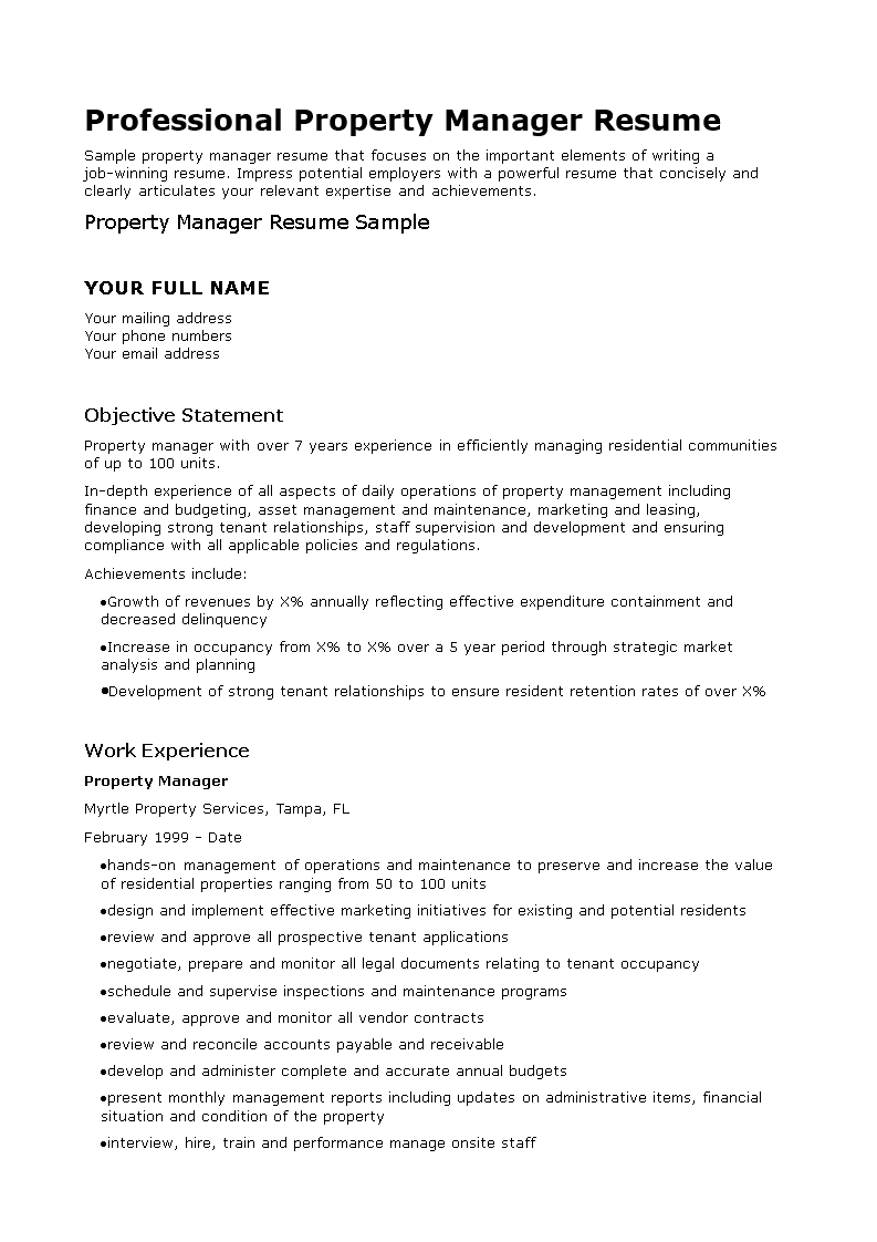 professional property manager resume voorbeeld afbeelding 