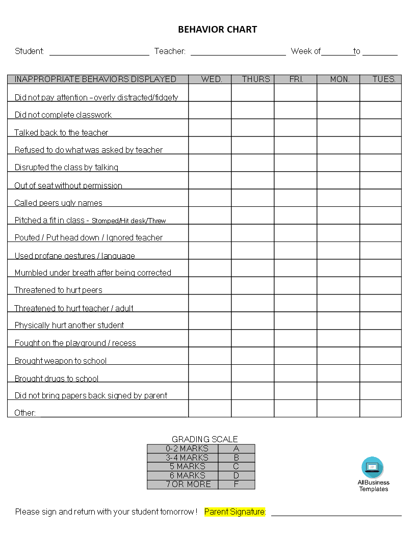 Printable Classroom Behavior Chart  Templates at For Daily Behavior Report Template
