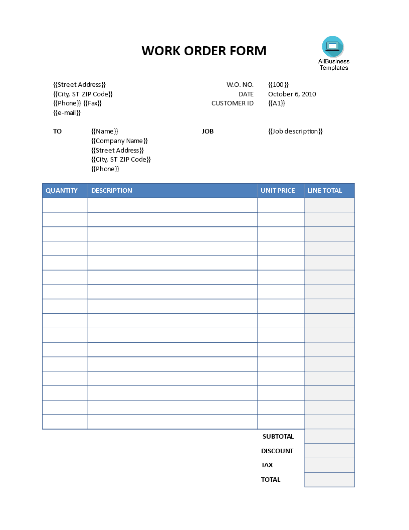 Work Order Form | Templates at allbusinesstemplates.com