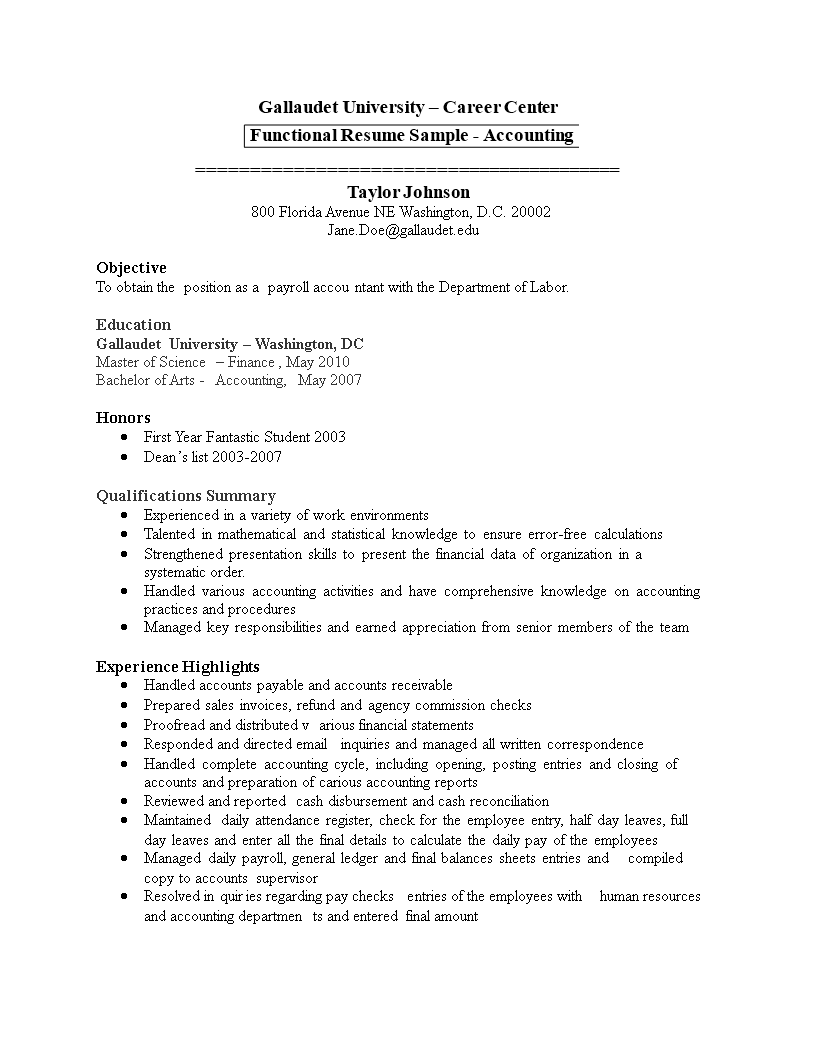 functional accounting resume template