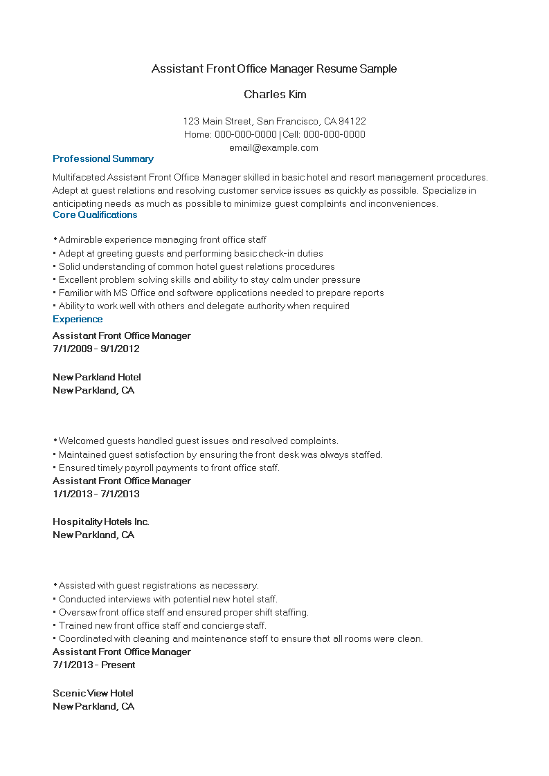 Assistant Front Office Manager Resume Sample 模板