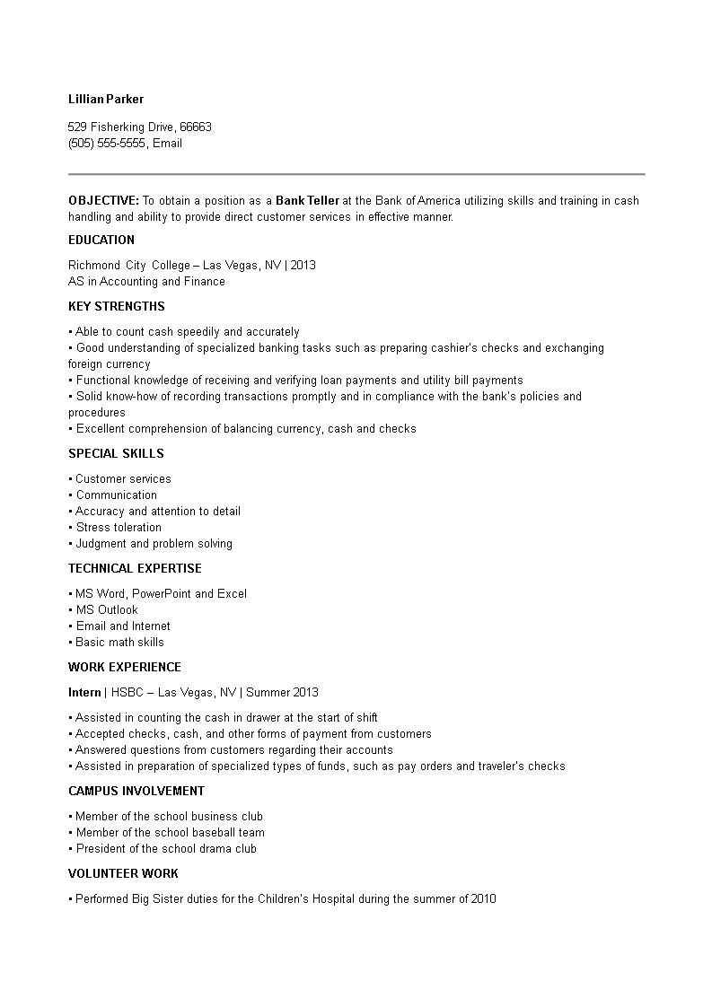 retail banking teller resume modèles