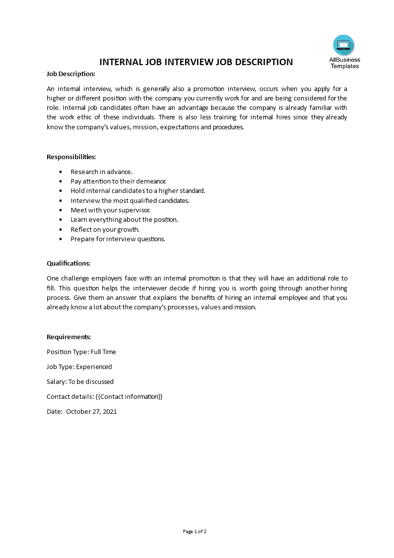 internal job interview job description template