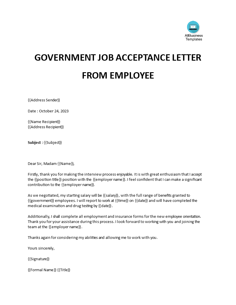 job offer acceptance letter from employer template