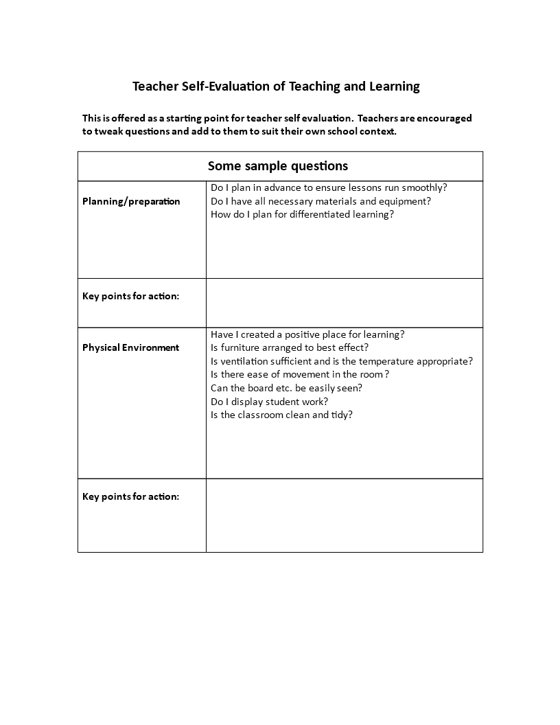 teacher self evaluation sample template