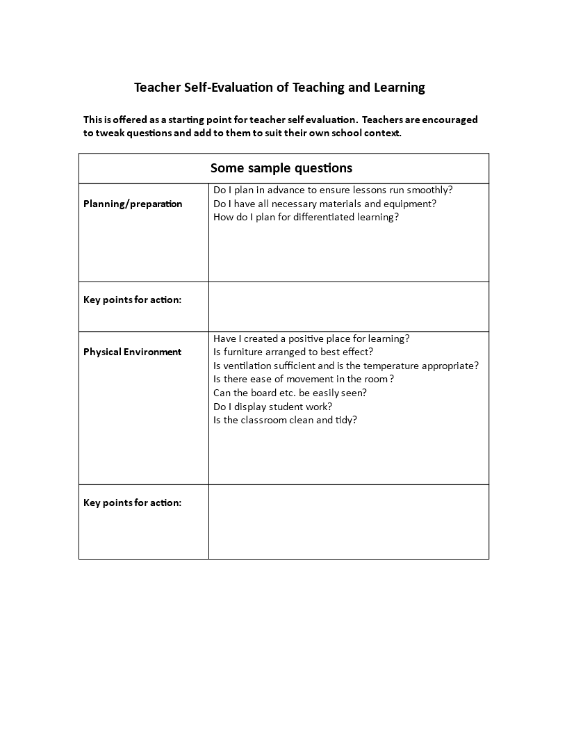 Teacher Self Evaluation Sample Templates At Allbusinesstemplates