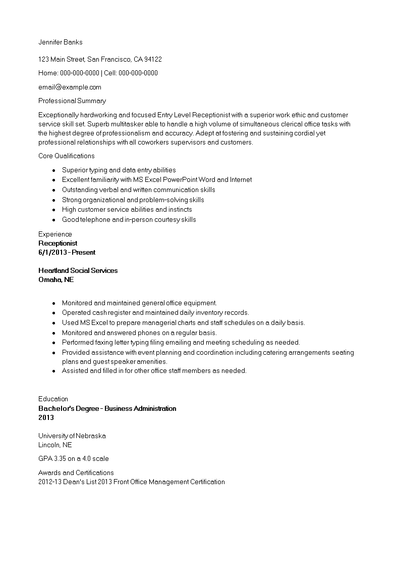 functional resume for receptionist