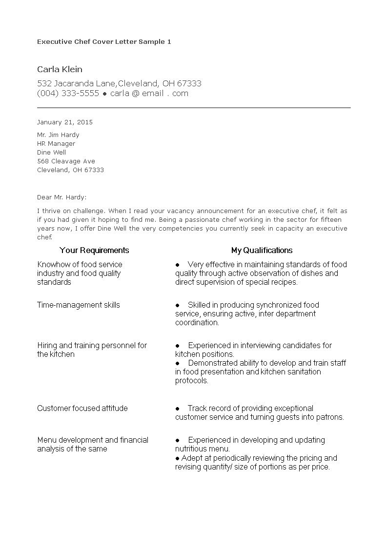 Executive Chef Resume Cover Letter Templates At Allbusinesstemplates Com