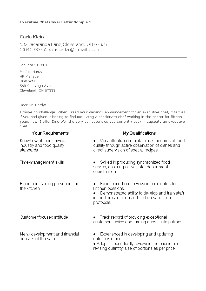 executive chef resume cover letter modèles