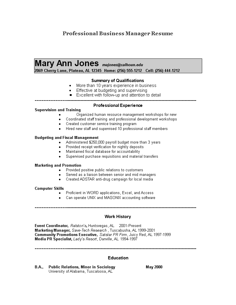 Professional Business Manager Resume 模板