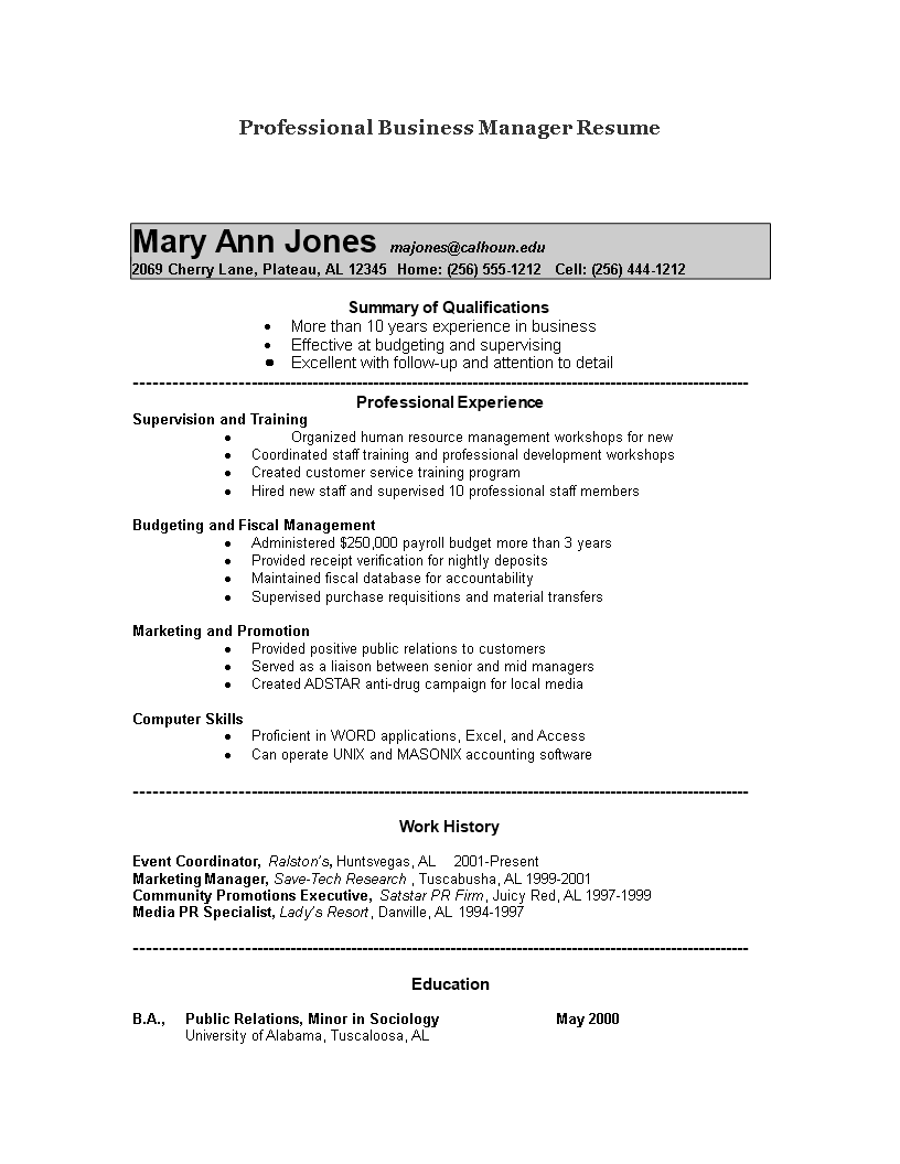 professional business manager resume voorbeeld afbeelding 