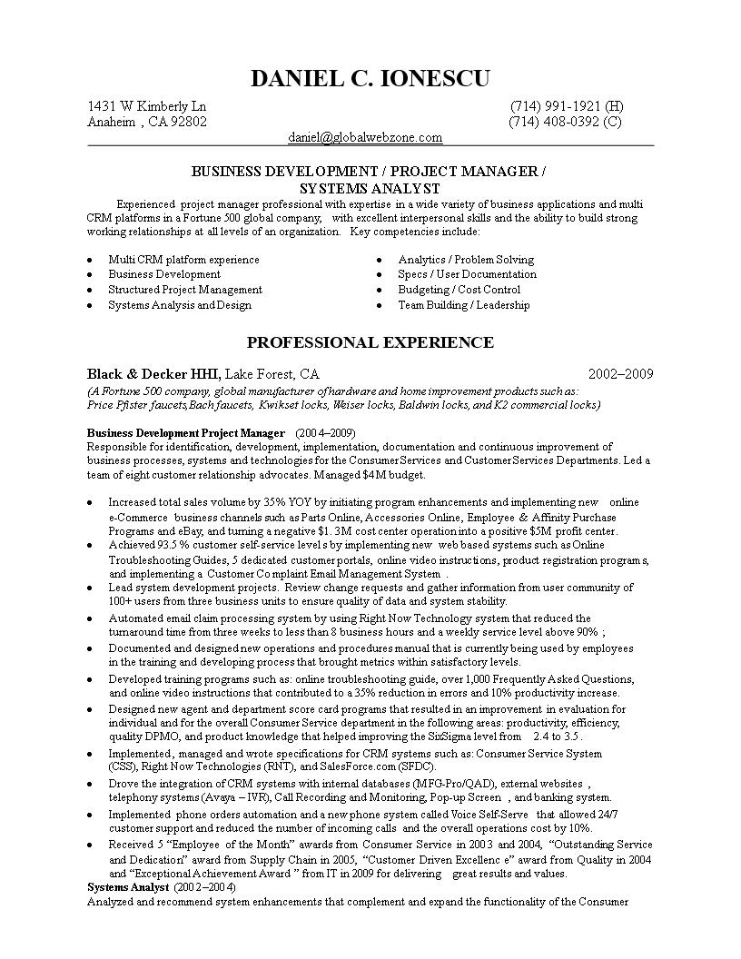 sample business development resume modèles