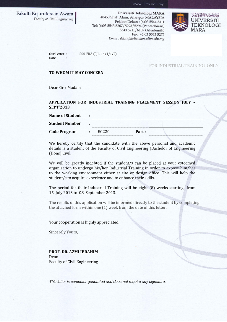 acknowledgment letter for industrial training template