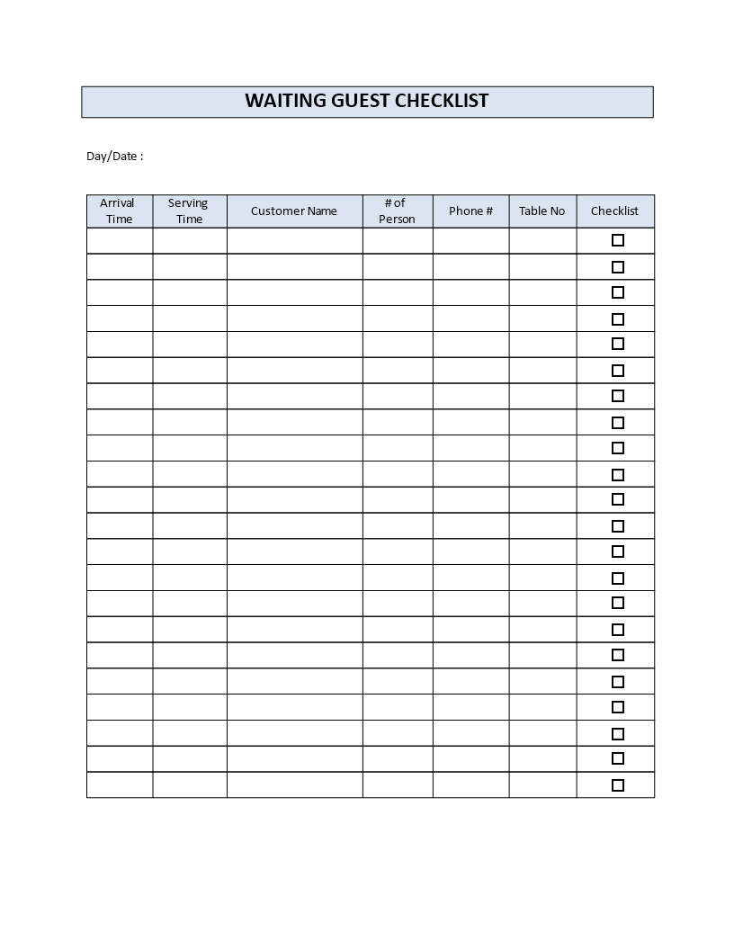 restaurant waiting guest checklist template