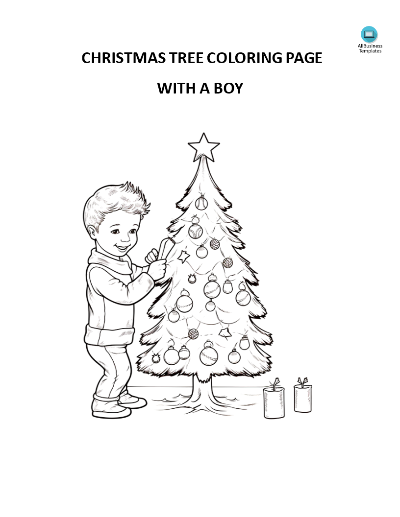 christmas tree coloring page with boy plantilla imagen principal
