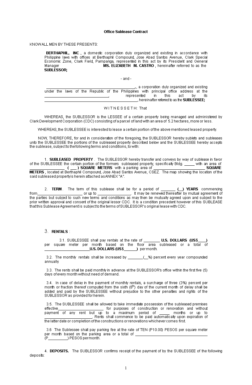 office sublease contract template