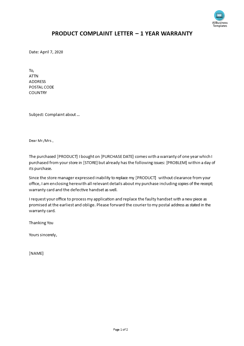 product complaint letter 1 year warranty template