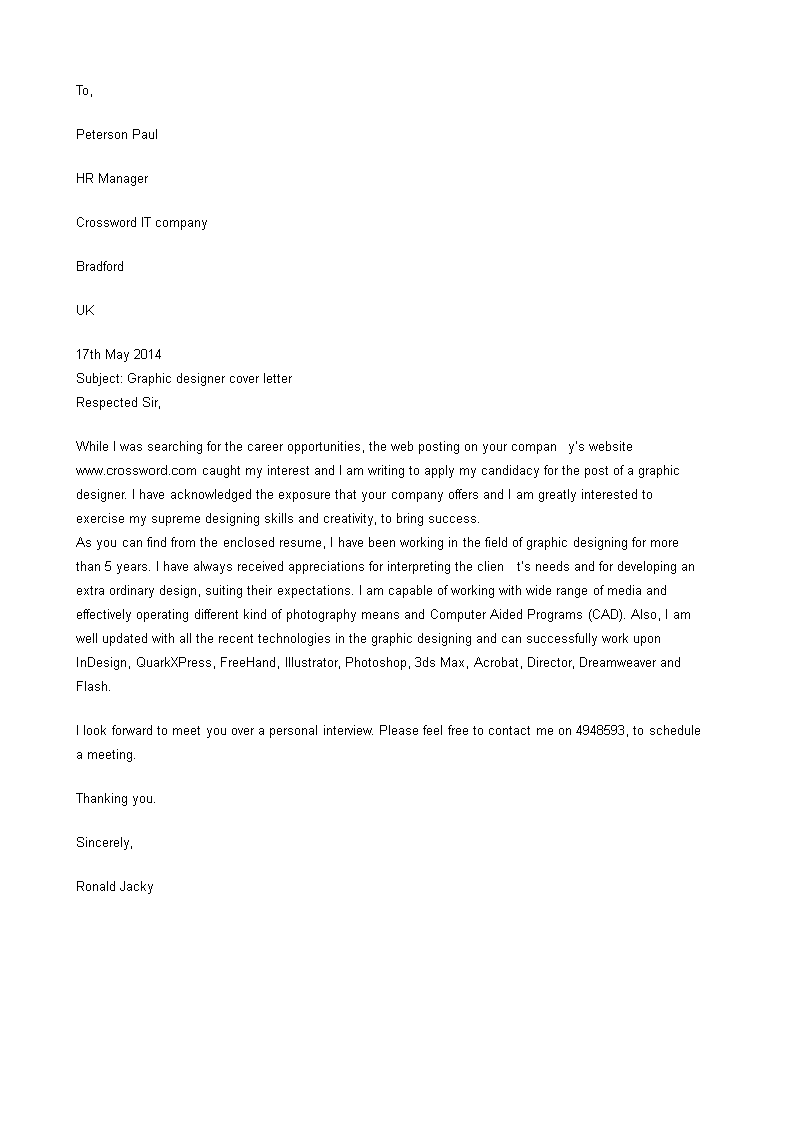 graphic design short cover letter template