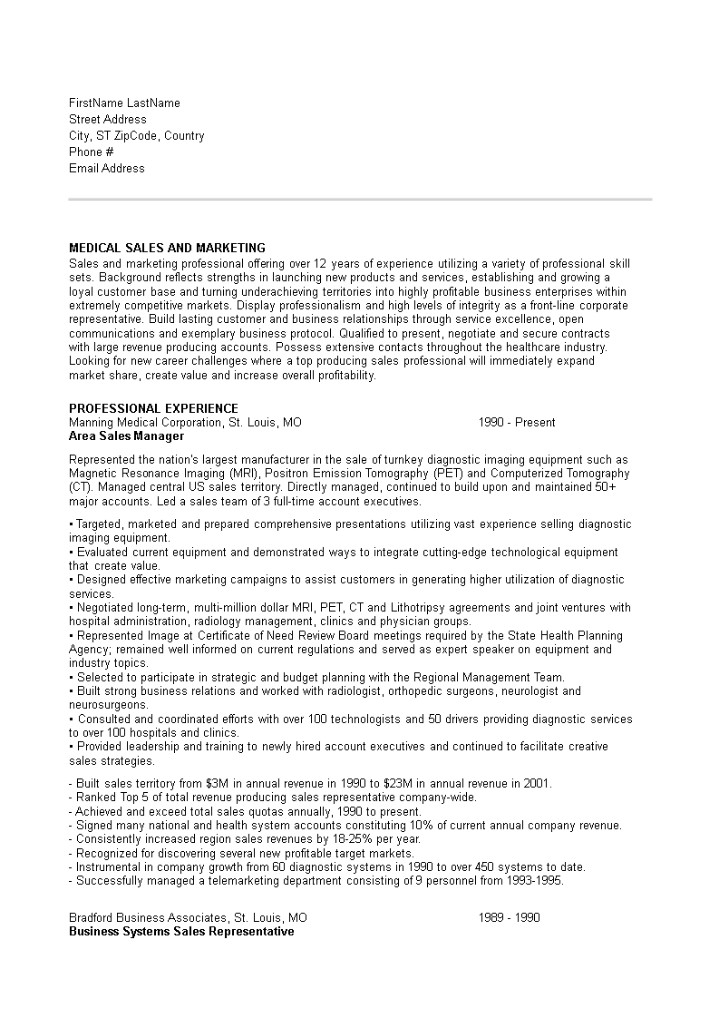 Medical Sales Manager Resume template 模板