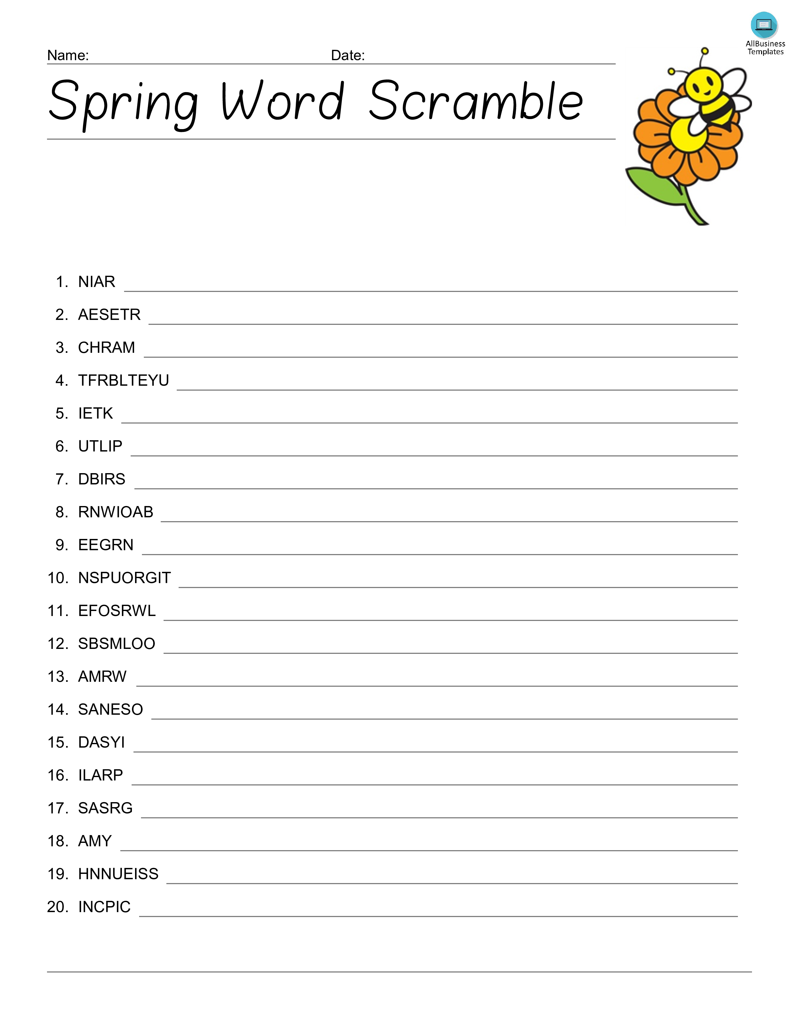 spring word scramble template