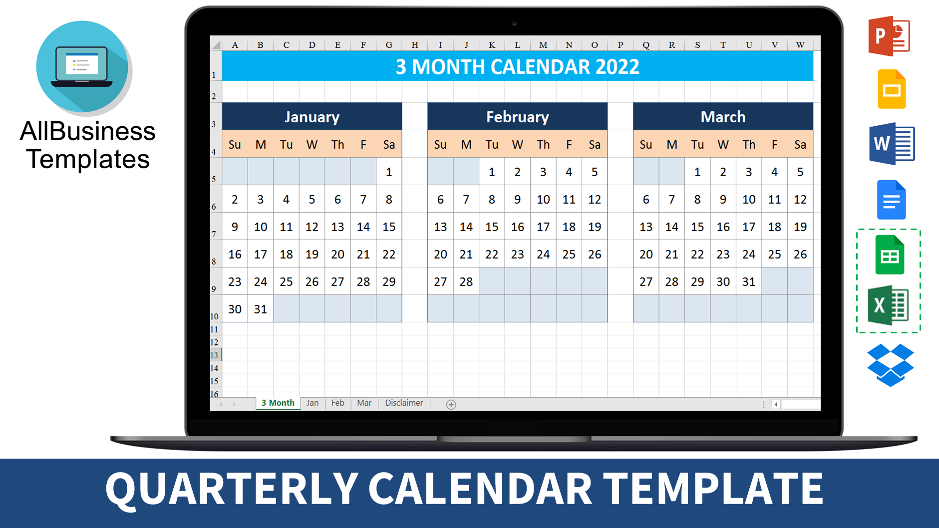Free Printable Quarterly Calendar 2022 Quarterly Calendar 2022 | Templates At Allbusinesstemplates.com
